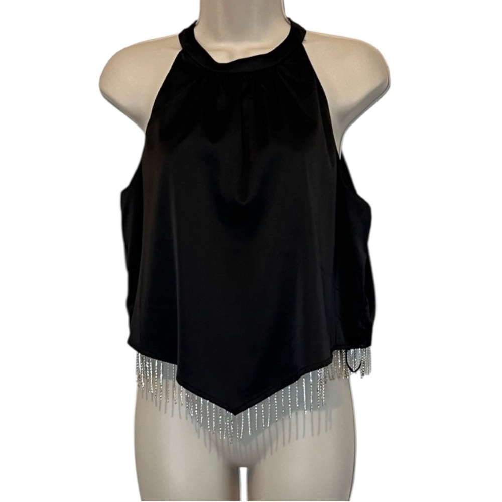 Blue B Collection Rhinestone Fringe Crop tank, Color Black, Size Large - Picture 2 of 11